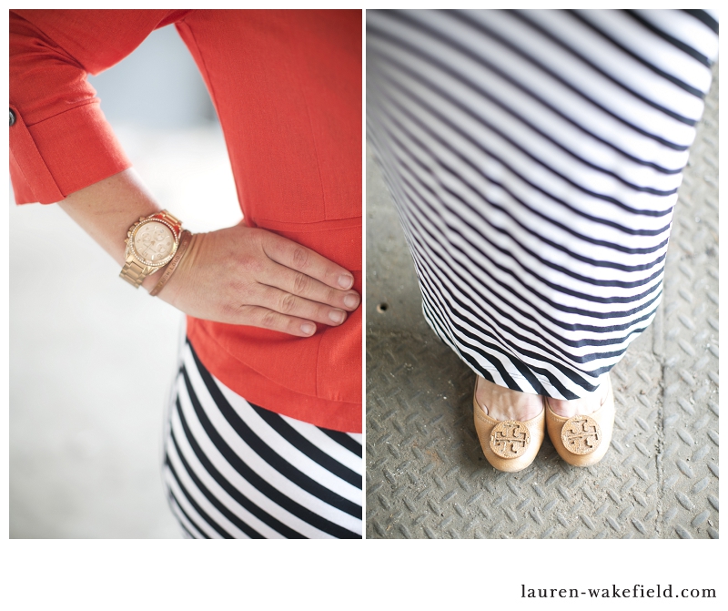 Fashion Friday, maxi dress, orange blazer, tory burch flats